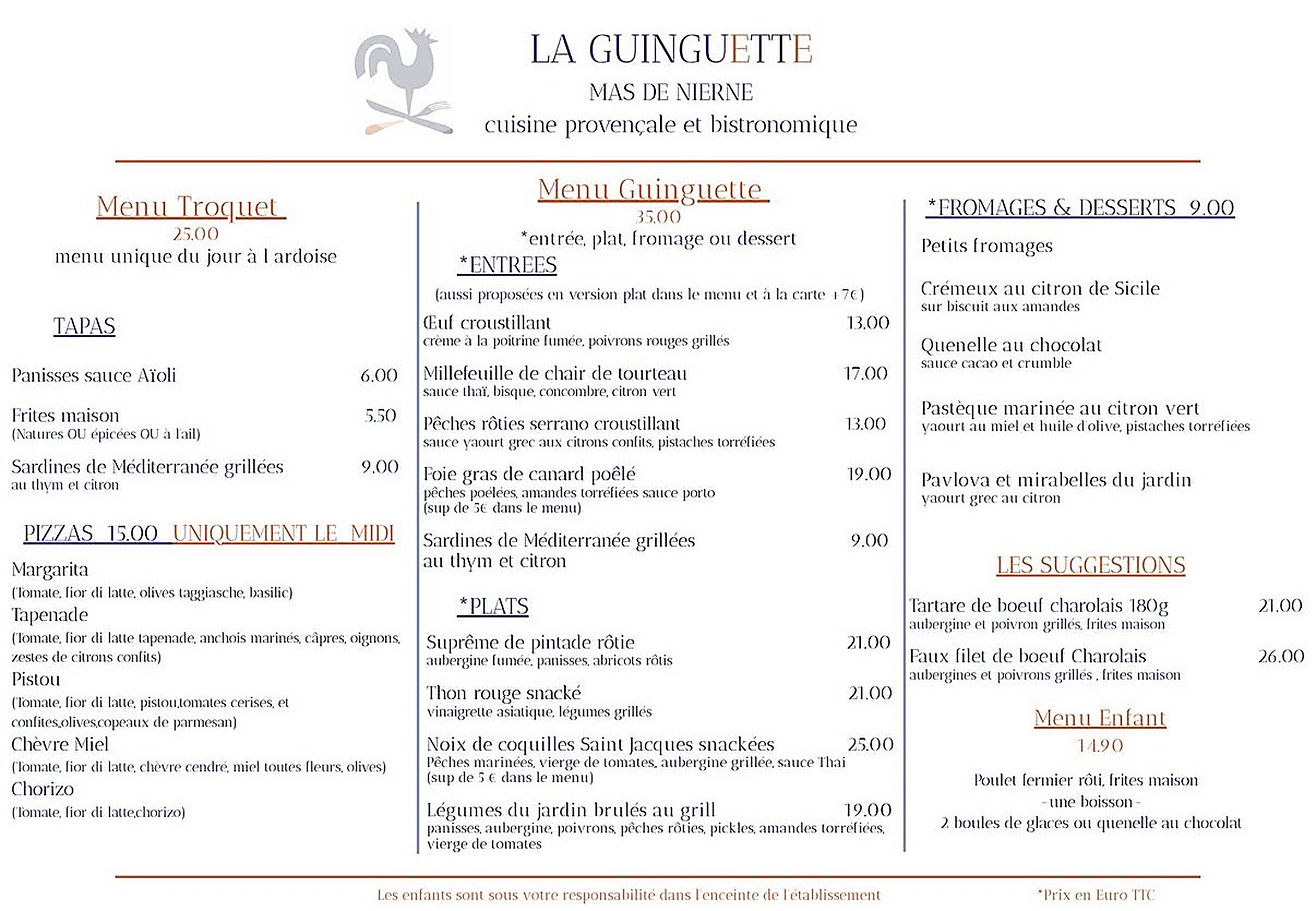 La Carte de la Guinguette – Mas de Nierne : tapas, pizzas, entrées, plats, menu Guinguette, fromages, desserts et suggestions